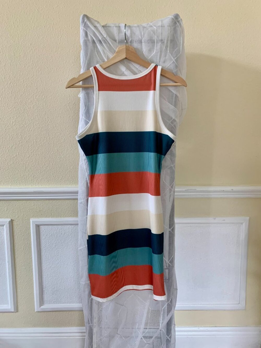 Earthy Tone Retro Striped Ribbed Bodycon Sleeveless Tank Style Mini Dress - Picture 2 of 6